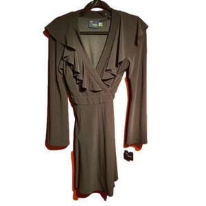 Vintage Just Taylor Womens Ruffled Flounce Black Midi Wrap Dress 4 Flare Sleeves
